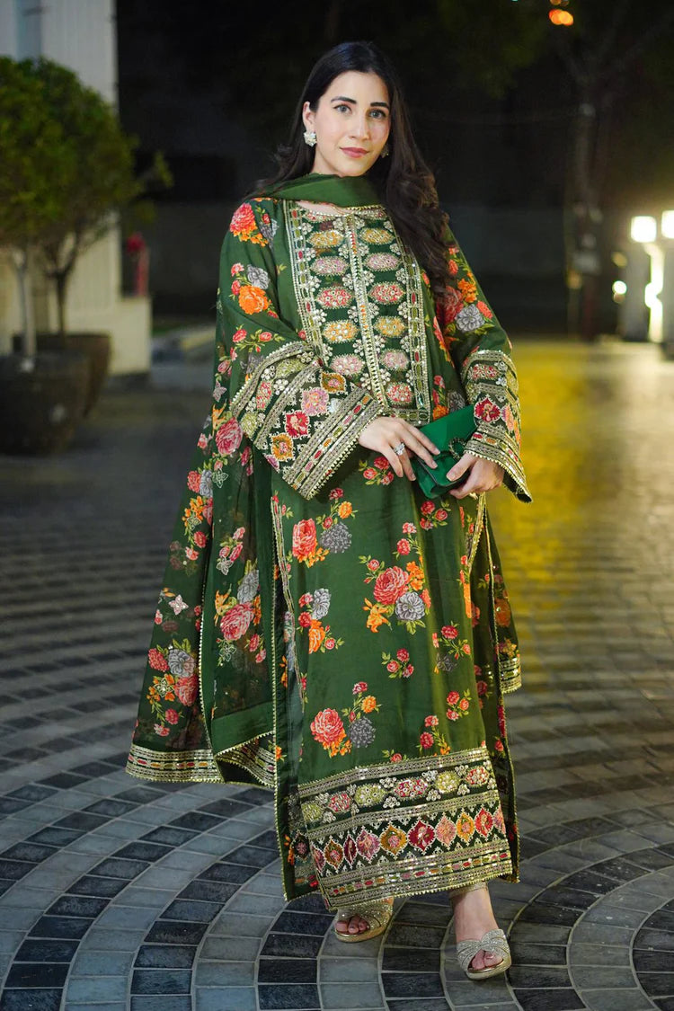 Winter-3PC SHAMOZE SILK PRINTED EMBROIDERED SHIRT WITH SOFT SILK PRINTED EMB DUPATTA & PRINTED TROUSER-1739