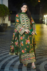 Winter-3PC SHAMOZE SILK PRINTED EMBROIDERED SHIRT WITH SOFT SILK PRINTED EMB DUPATTA & PRINTED TROUSER-1739