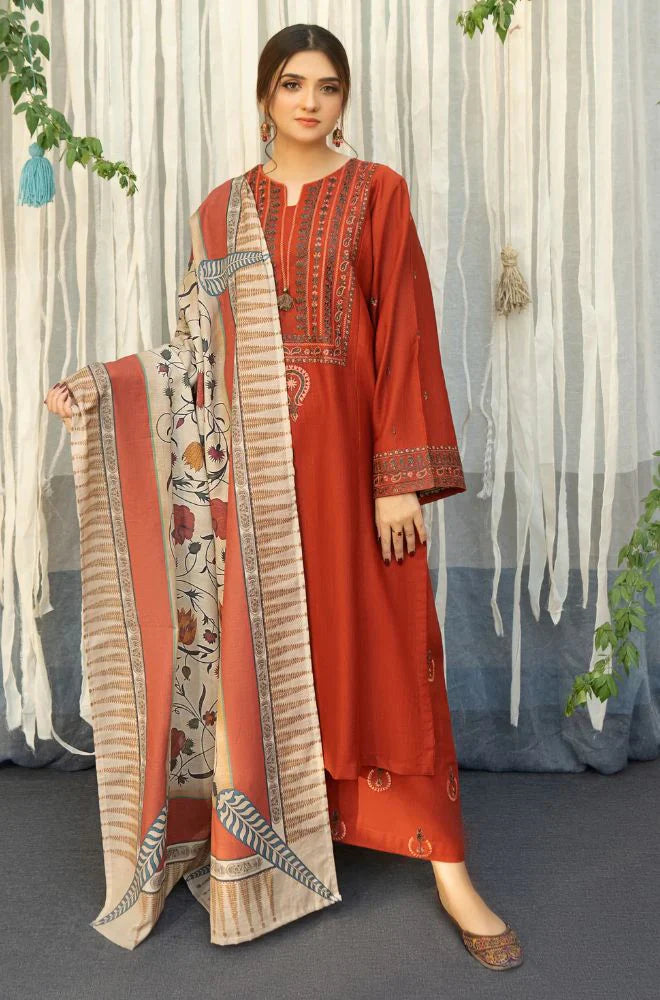 WINTER- 3PC DHANAK EMBROIDERED SHIRT WITH COUTURE WOOL PRINT SHAWL AND TROUSER-2692
