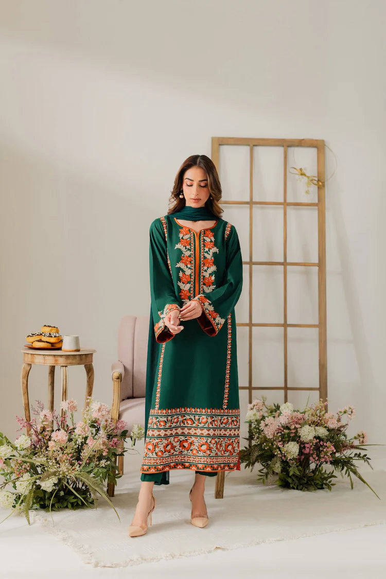 WINTER-3PC DHANAK EMBROIDERED SHIRT WITH BAMBER CHIFFON DUPATTA & TROUSER-4248
