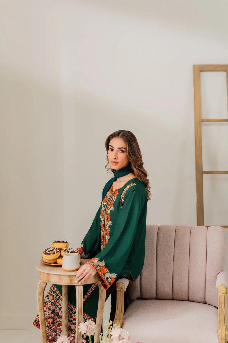 WINTER-3PC DHANAK EMBROIDERED SHIRT WITH BAMBER CHIFFON DUPATTA & TROUSER-4248