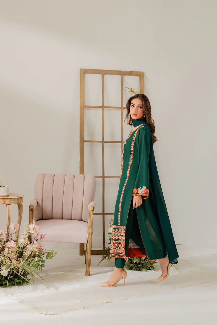 WINTER-3PC DHANAK EMBROIDERED SHIRT WITH BAMBER CHIFFON DUPATTA & TROUSER-4248