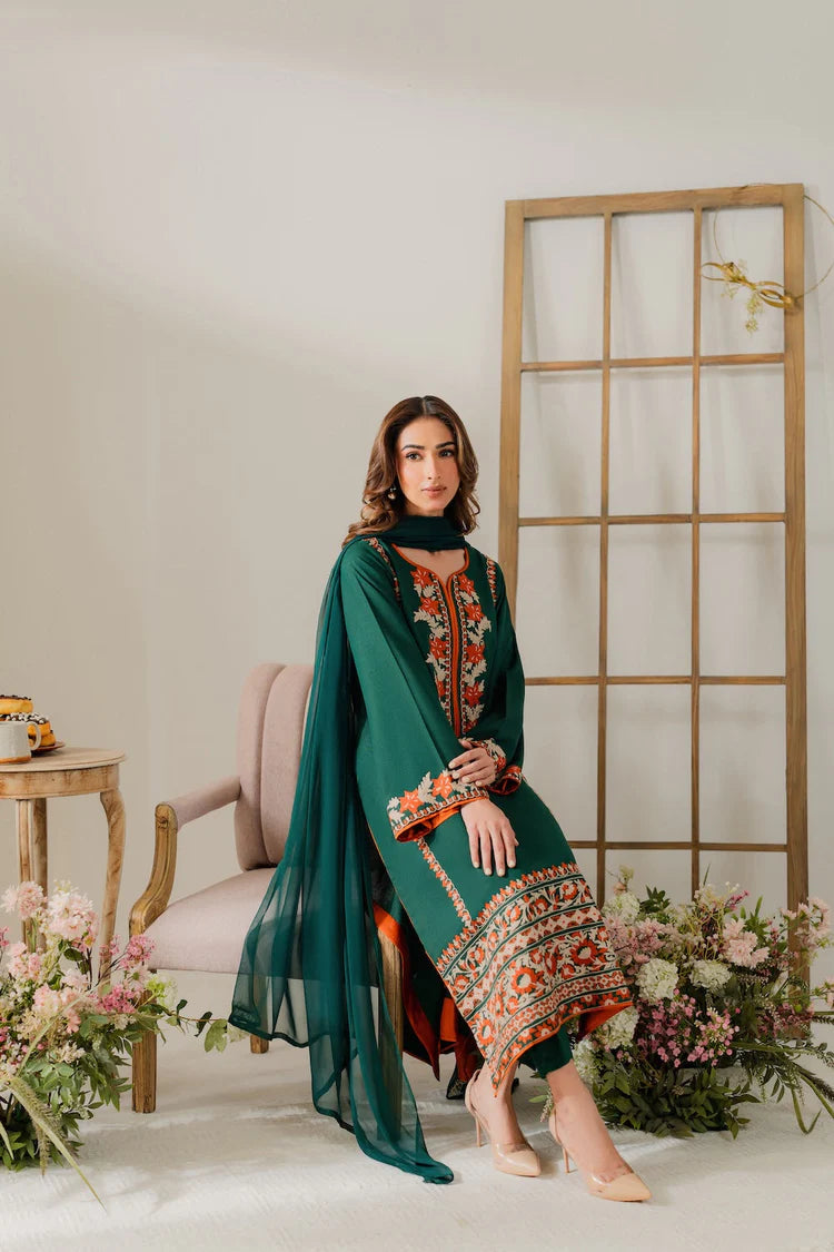 WINTER-3PC DHANAK EMBROIDERED SHIRT WITH BAMBER CHIFFON DUPATTA & TROUSER-4248