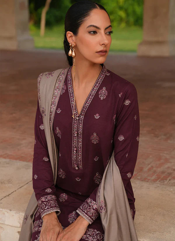 WINTER-3PC DHANAK EMBROIDERED SHIRT WITH COUTRAI PRINTED SHAWL AND TROUSER-4127