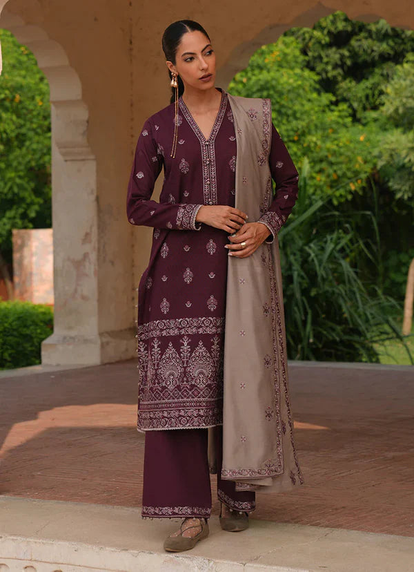 WINTER-3PC DHANAK EMBROIDERED SHIRT WITH COUTRAI PRINTED SHAWL AND TROUSER-4127
