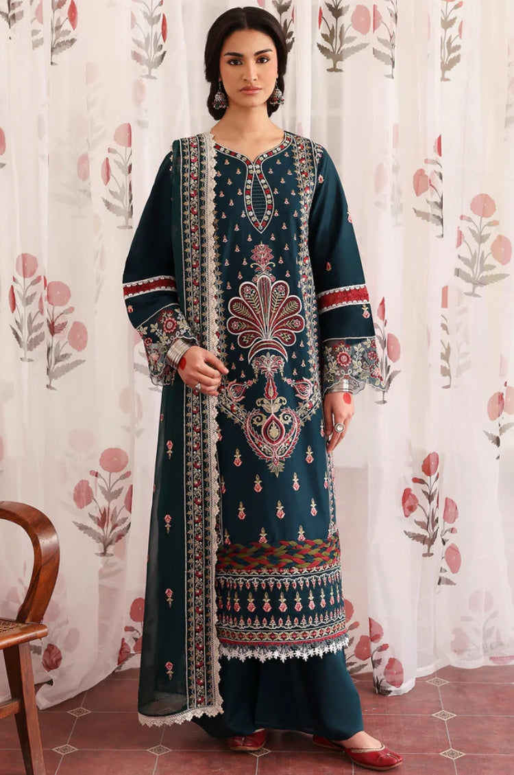 SUMMER-3PC LAWN LASERWORK EMBROIDERED SHIRT WITH KHAADI NET EMBROIDERED DUPATTA AND TROUSER-4689