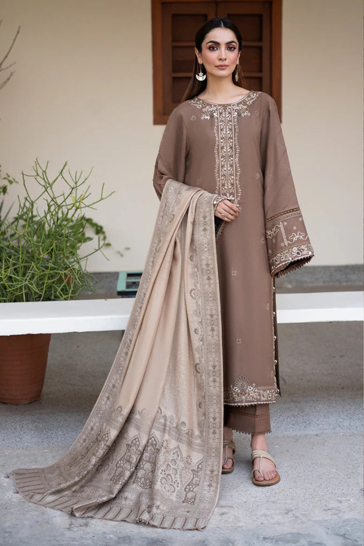 WINTER-3PC DHANAK EMBROIDERED SHIRT WITH COURTRAI PRINTED SHAWL & TROUSER-4388