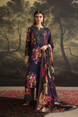 WINTER-3PC SHAMOZE SILK PRINTED EMBROIDERED SHIRT WITH SOFT SILK PRINTED EMB DUPATTA & EMB TROUSER-1725