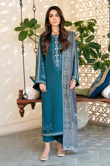 WINTER-3PC DHANAK EMBROIDERED SHIRT WITH COURTRAI PRINTED SHAWL & TROUSER-4387