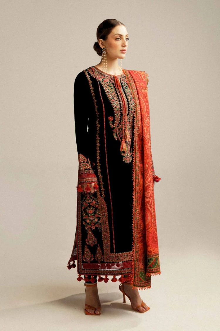 WINTER-3PC DHANAK EMBROIDERED SHIRT WITH COURTRAI PRINTED SHAWL AND TROUSER-4343 BLACK
