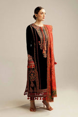 WINTER-3PC DHANAK EMBROIDERED SHIRT WITH COURTRAI PRINTED SHAWL AND TROUSER-4343 BLACK