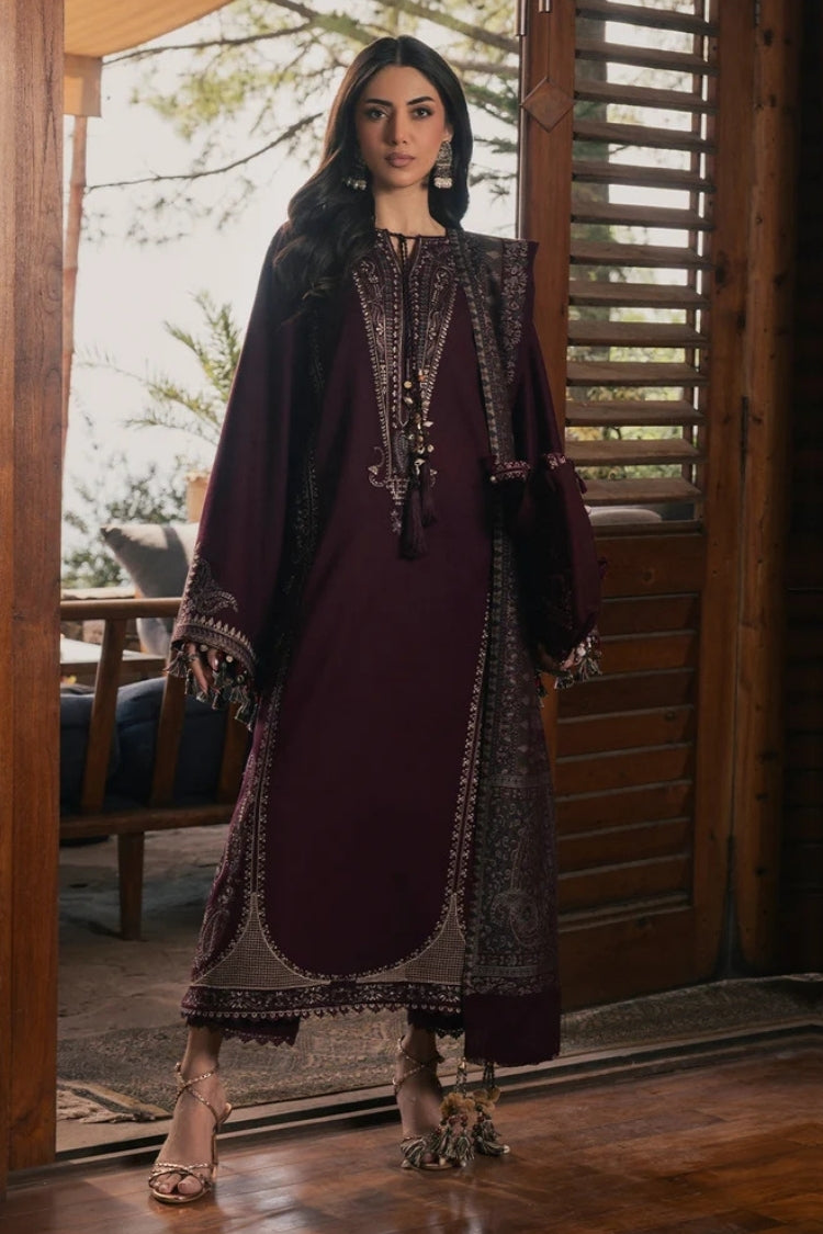 WINTER-3PC DHANAK EMBROIDERED SHIRT WITH COUTRAI PRINTED SHAWL AND TROUSER-5324