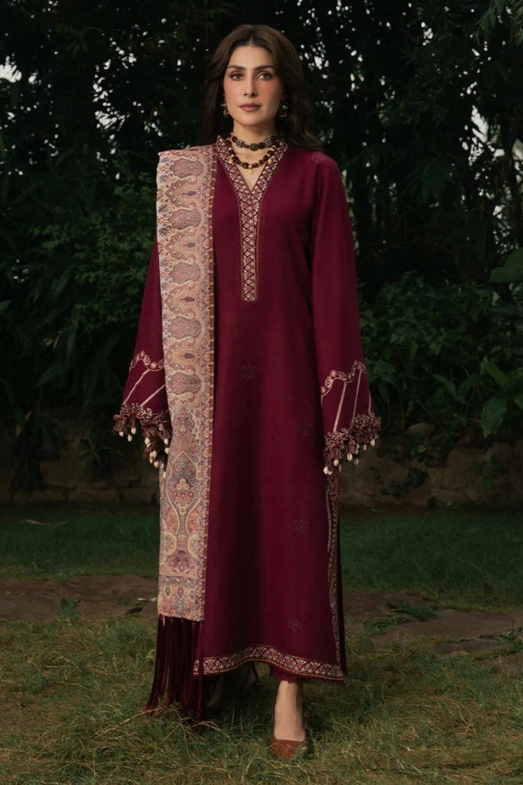 WINTER-3PC DHANAK EMBROIDERED SHIRT WITH COUTRAI PRINTED SHAWL AND TROUSER-5323