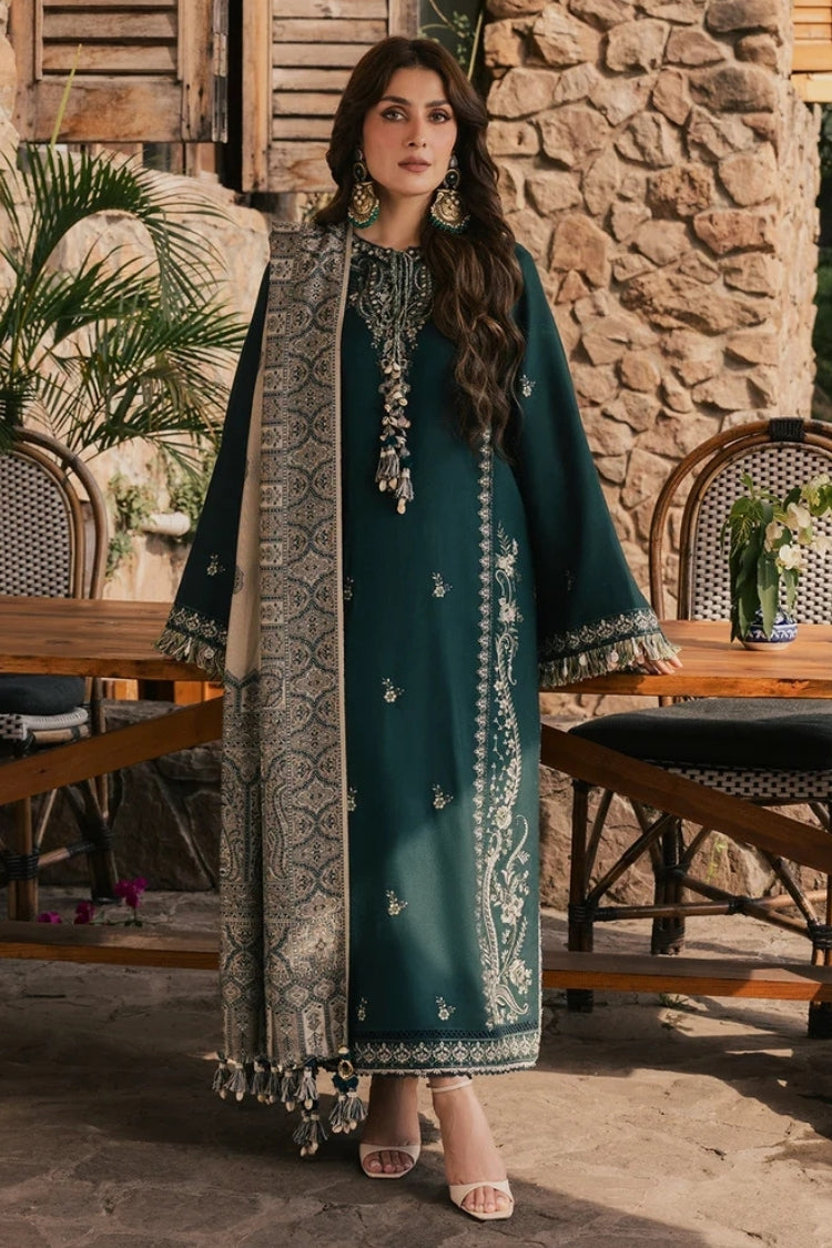 WINTER-3PC DHANAK EMBROIDERED SHIRT WITH COUTRAI PRINTED SHAWL AND TROUSER-5322