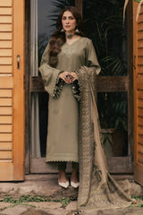 WINTER-3PC DHANAK EMBROIDERED SHIRT WITH COUTRAI PRINTED SHAWL AND TROUSER-5328