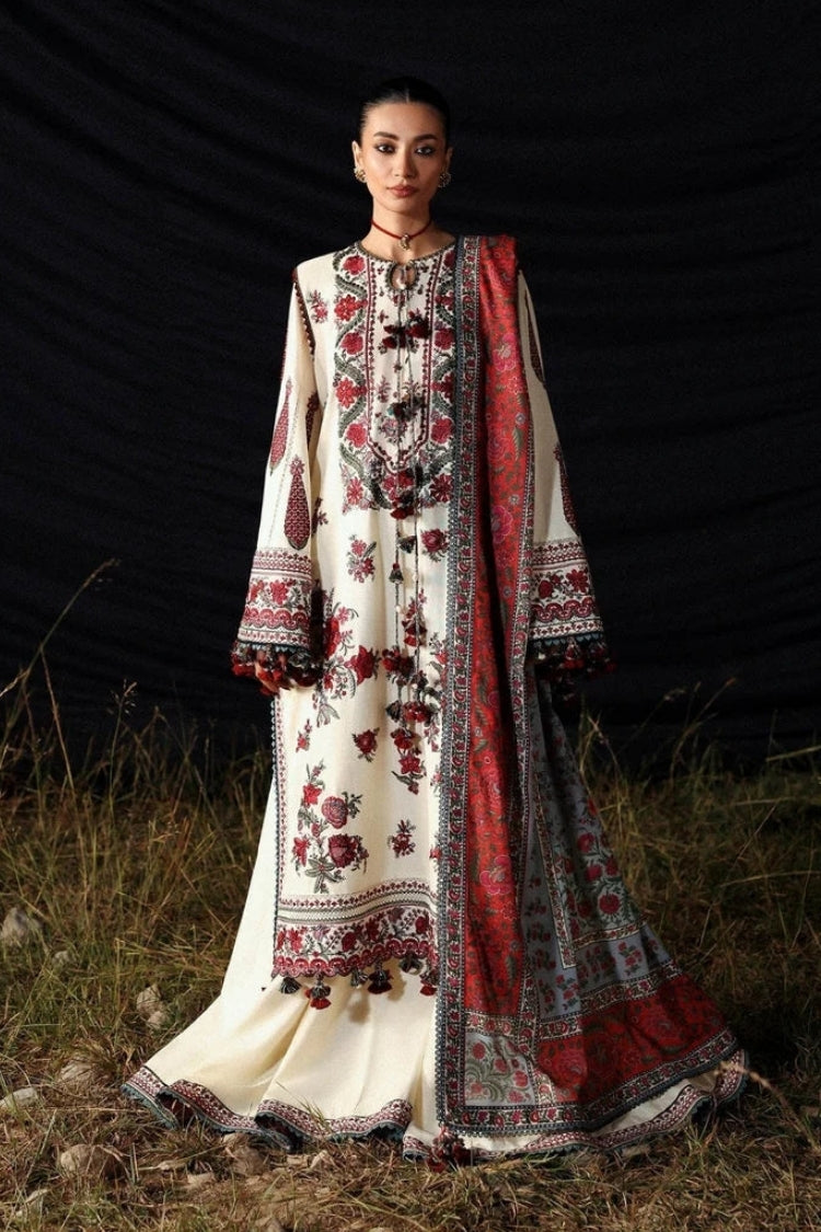 WINTER-3PC KARANDI EMBROIDERED SHIRT WITH WOOL PRINTED SHAWL AND EMB TROUSER-5186