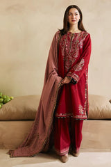 WINTER-3PC DHANAK EMBROIDERED SHIRT WITH DIGITAL WOOL PRINTED SHAWL AND EMB TROUSER-4042