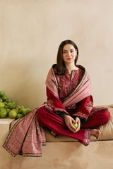 WINTER-3PC DHANAK EMBROIDERED SHIRT WITH CORTRAI WOOL PRINTED SHAWL AND EMB TROUSER-4042