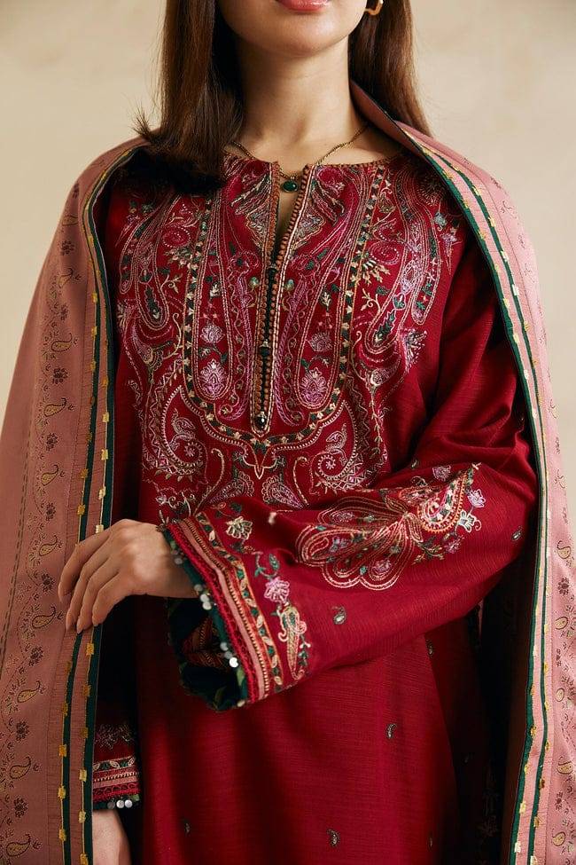WINTER-3PC DHANAK EMBROIDERED SHIRT WITH CORTRAI WOOL PRINTED SHAWL AND EMB TROUSER-4042