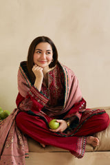 WINTER-3PC DHANAK EMBROIDERED SHIRT WITH CORTRAI WOOL PRINTED SHAWL AND EMB TROUSER-4042