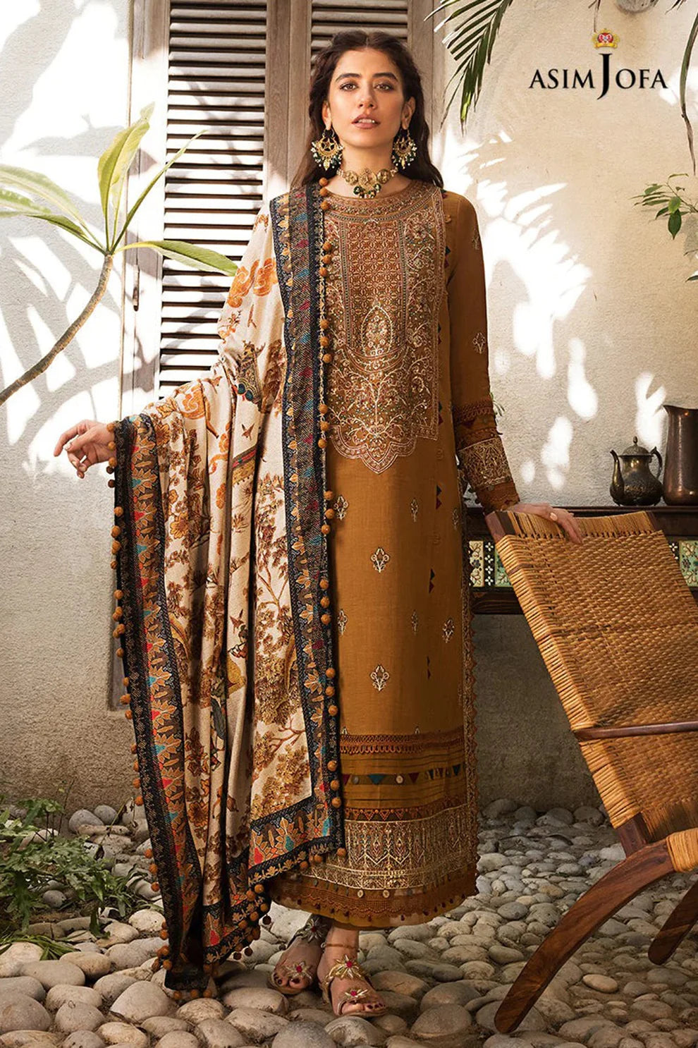 WINTER-3PC DHANAK EMBROIDERED SHIRT WITH COURTRAI PRINTED SHAWL & TROUSR-ADR-3135