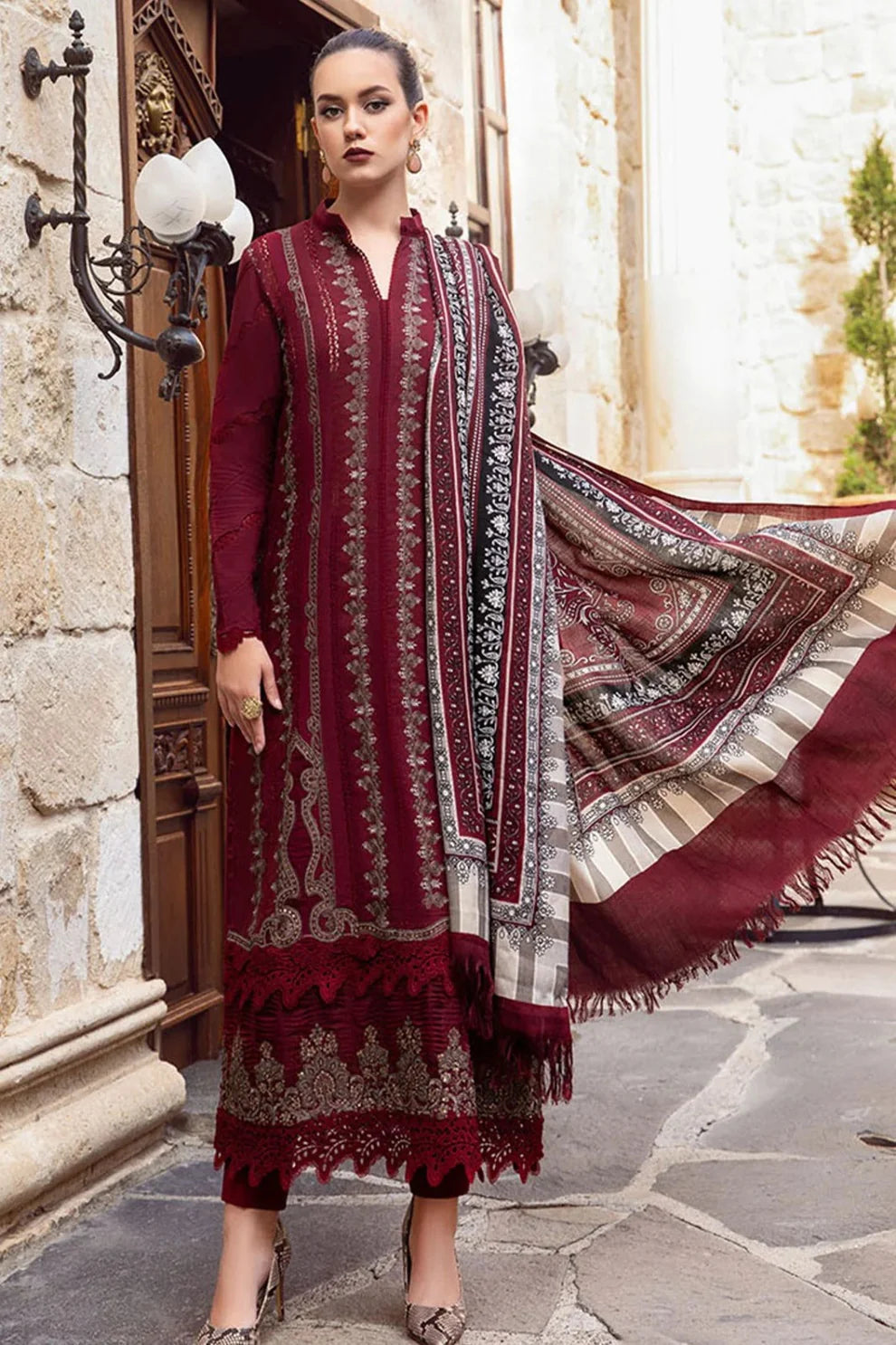 WINTER- 3PC DHANAK EMBROIDERED SHIRT WITH COUTURE WOOL PRINT SHAWL AND DHANAK TROUSER-3110