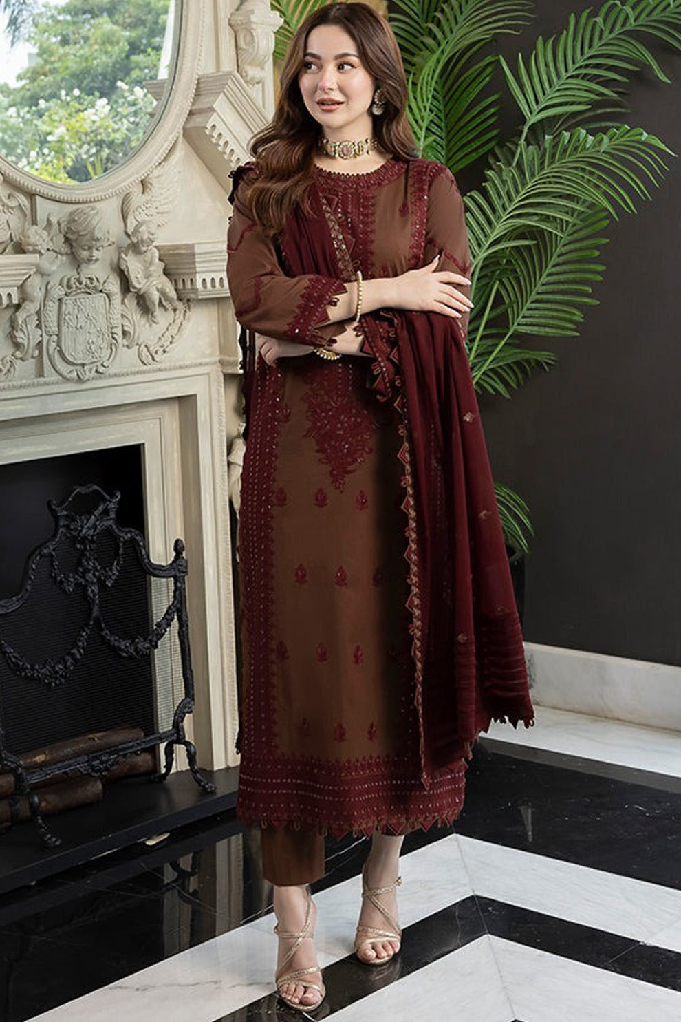 WINTER-3PC DHANAK EMBROIDERED SHIRT WITH DHANAK EMBROIDERED SHAWL AND TROUSER-5001