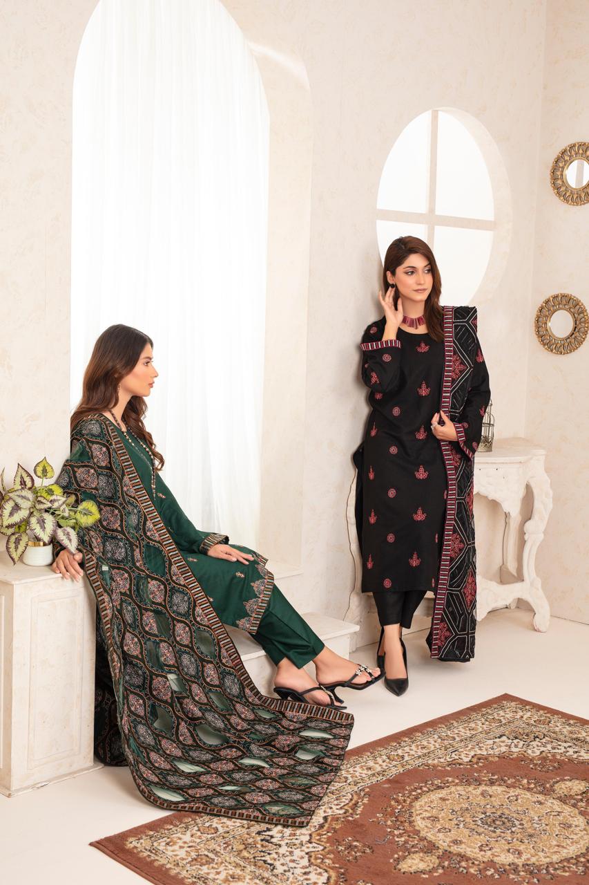 WINTER-3PC DHANAK EMBROIDERED SHIRT WITH HEAVY CUTWORK EMBROIDERED DHANAK SHAWL AND TROUSER -002