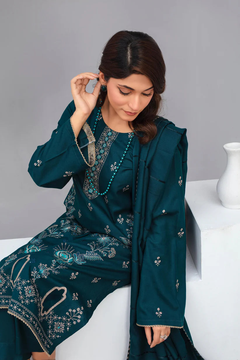WINTER-3PC Dhanak Embroidered Shirt with Velvet Dhanak Shawl and Trouser-Z
