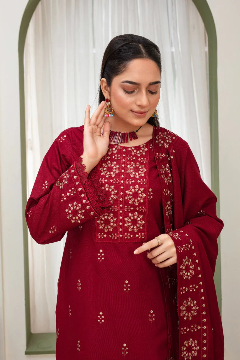 WINTER-3PC DHANAK EMBROIDERED SHIRT WITH HEAVY CUTWORK EMBROIDERED DHANAK SHAWL AND TROUSER-1514