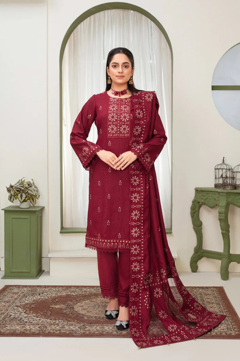 WINTER-3PC DHANAK EMBROIDERED SHIRT WITH HEAVY CUTWORK EMBROIDERED DHANAK SHAWL AND TROUSER-1514