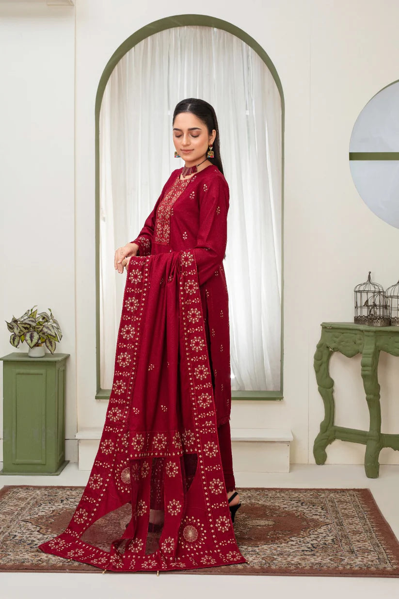 WINTER-3PC DHANAK EMBROIDERED SHIRT WITH HEAVY CUTWORK EMBROIDERED DHANAK SHAWL AND TROUSER-1514