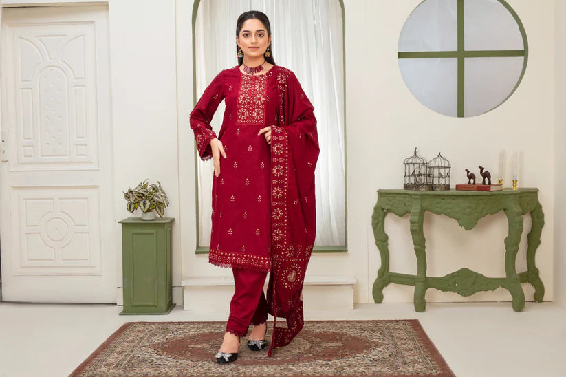 WINTER-3PC DHANAK EMBROIDERED SHIRT WITH HEAVY CUTWORK EMBROIDERED DHANAK SHAWL AND TROUSER-1514