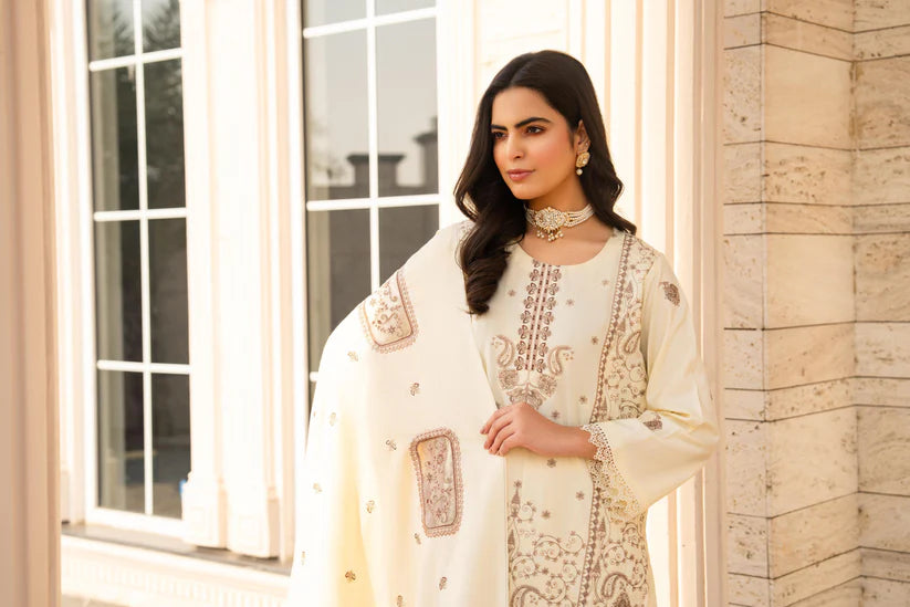 WINTER-3PC DHANAK EMBROIDERED SHIRT WITH DHANAK HEAVY CUTWORK EMBROIDERED SHAWL -1523