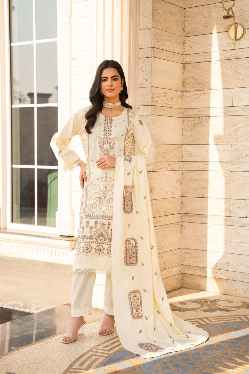 WINTER-3PC DHANAK EMBROIDERED SHIRT WITH DHANAK HEAVY CUTWORK EMBROIDERED SHAWL -1523
