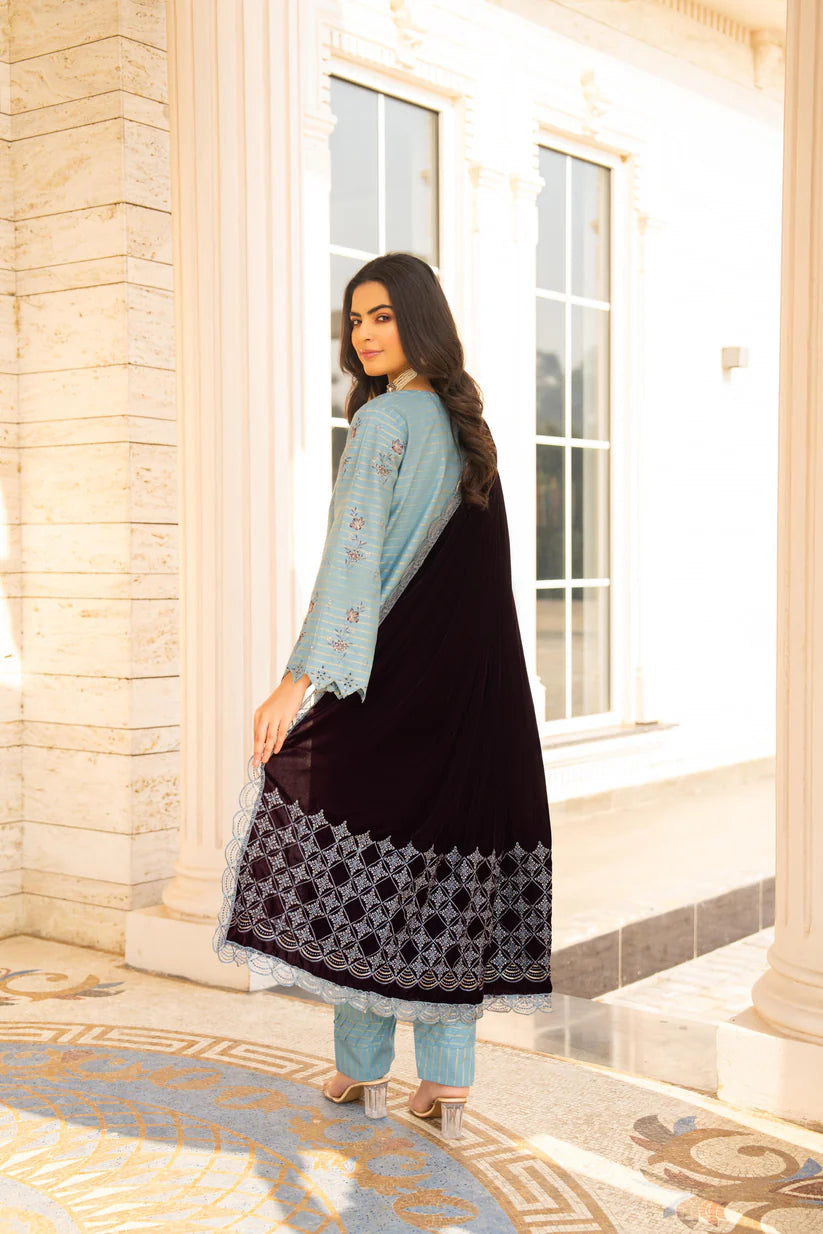 WINTER-3PC KHADDAR EMBROIDERED SHIRT WITH VELVET EMBROIDERED READY TO WEAR SHAWL-1522