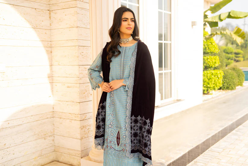 WINTER-3PC KHADDAR EMBROIDERED SHIRT WITH VELVET EMBROIDERED READY TO WEAR SHAWL-1522