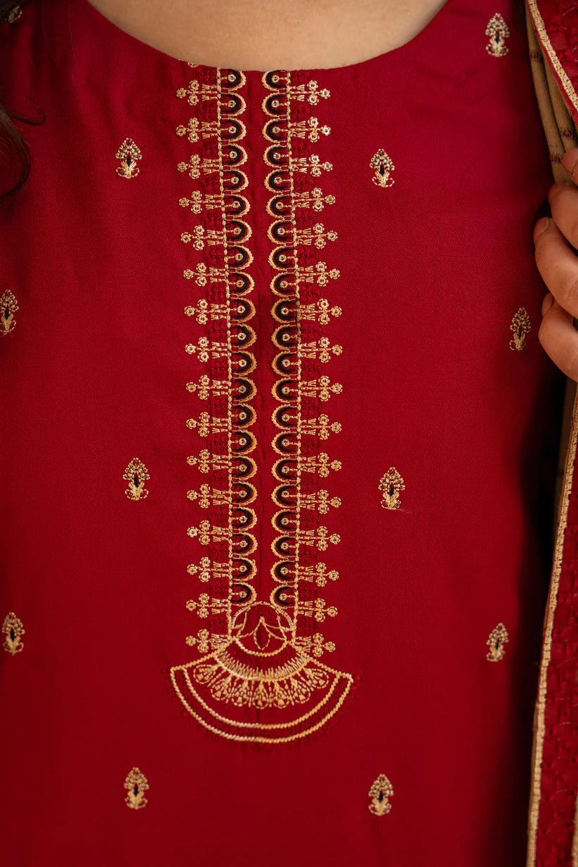 WINTER-3PC DHANAK CUTWORK EMBROIDERED SHIRT WITH HEAVY CUTWORK EMBROIDERED JACQUARD WOOL SHAWL -1524