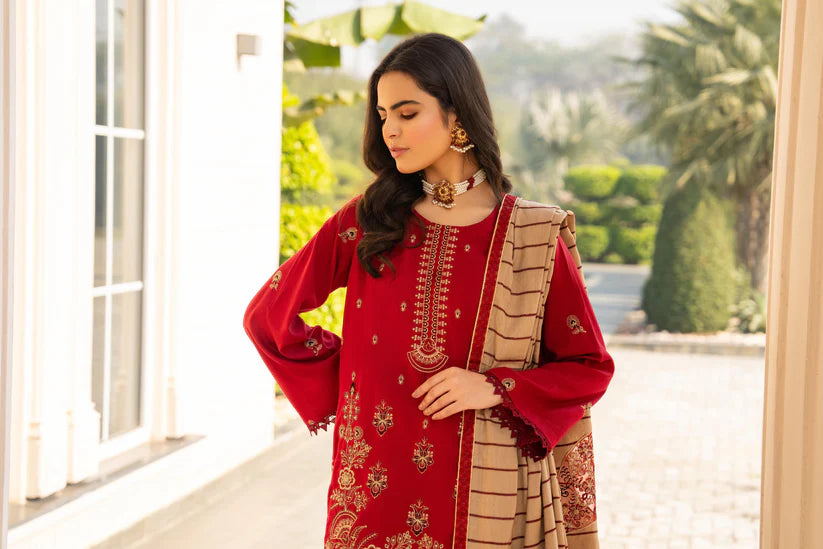 WINTER-3PC DHANAK CUTWORK EMBROIDERED SHIRT WITH HEAVY CUTWORK EMBROIDERED JACQUARD WOOL SHAWL -1524