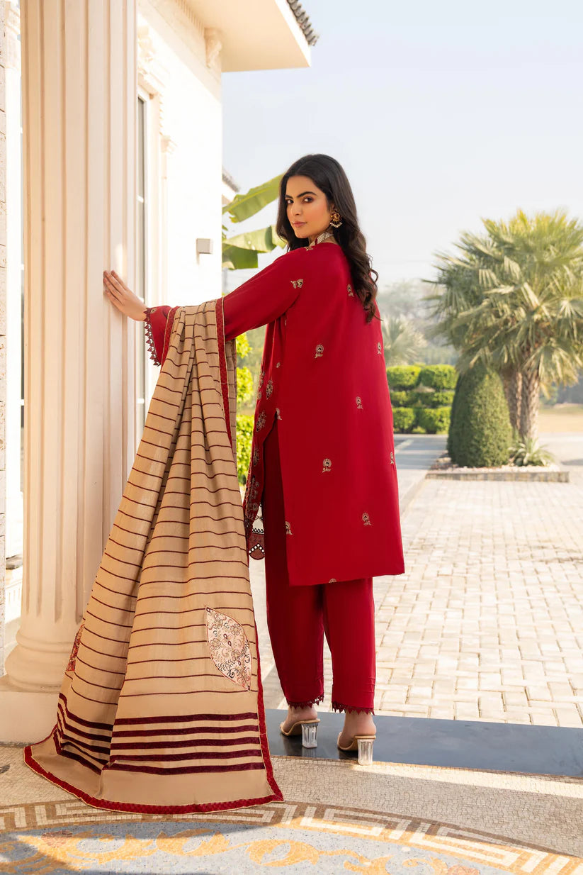 WINTER-3PC DHANAK CUTWORK EMBROIDERED SHIRT WITH HEAVY CUTWORK EMBROIDERED JACQUARD WOOL SHAWL -1524
