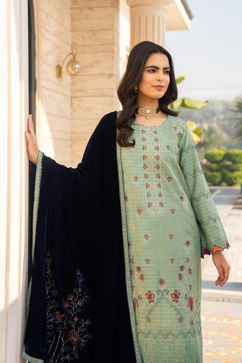 WINTER-3PC KHADDAR EMBROIDERED SHIRT WITH VELVET EMBROIDERED READY TO WEAR SHAWL-1525