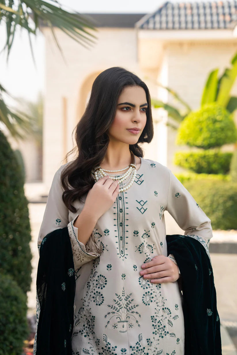 WINTER-3PC DHANAK EMBROIDERED SHIRT WITH VELVET EMBROIDERED READY TO WEAR SHAWL-1520