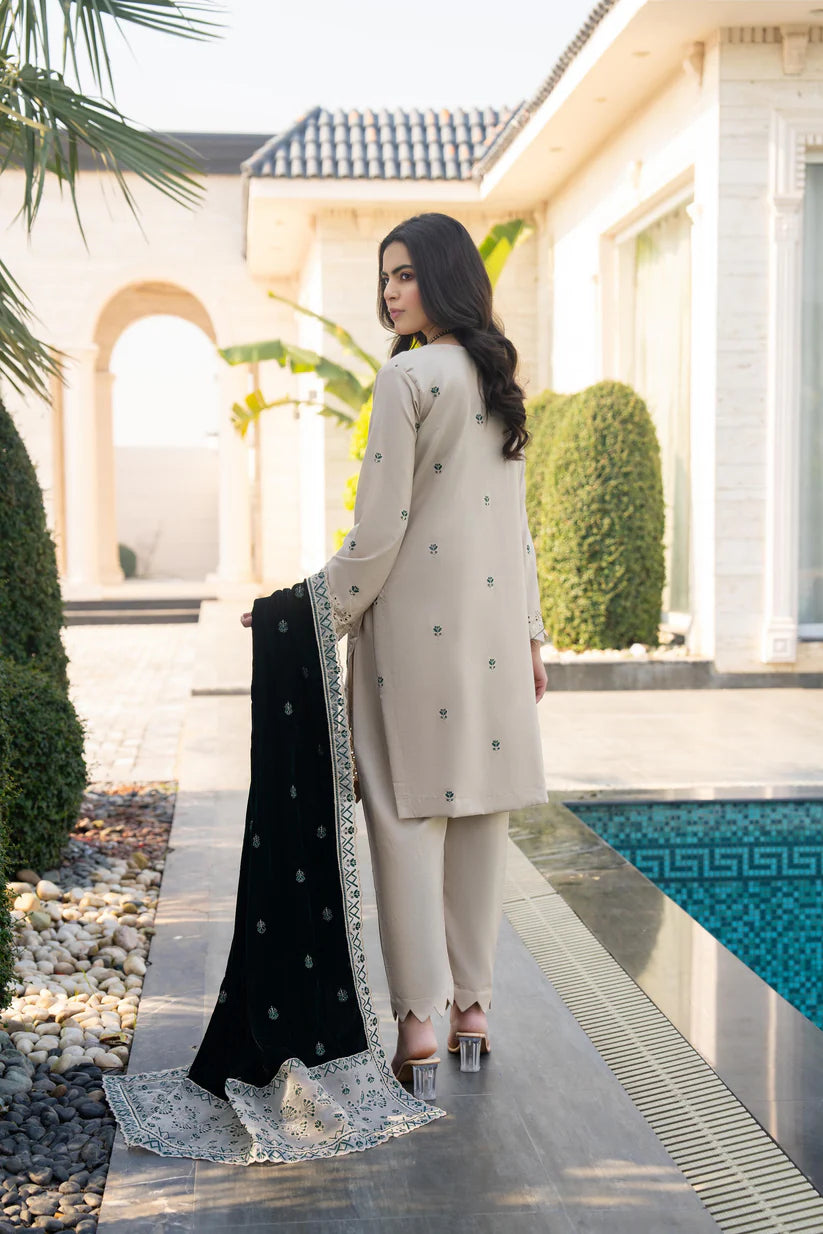 WINTER-3PC DHANAK EMBROIDERED SHIRT WITH VELVET EMBROIDERED READY TO WEAR SHAWL-1520