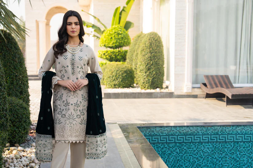 WINTER-3PC DHANAK EMBROIDERED SHIRT WITH VELVET EMBROIDERED READY TO WEAR SHAWL-1520