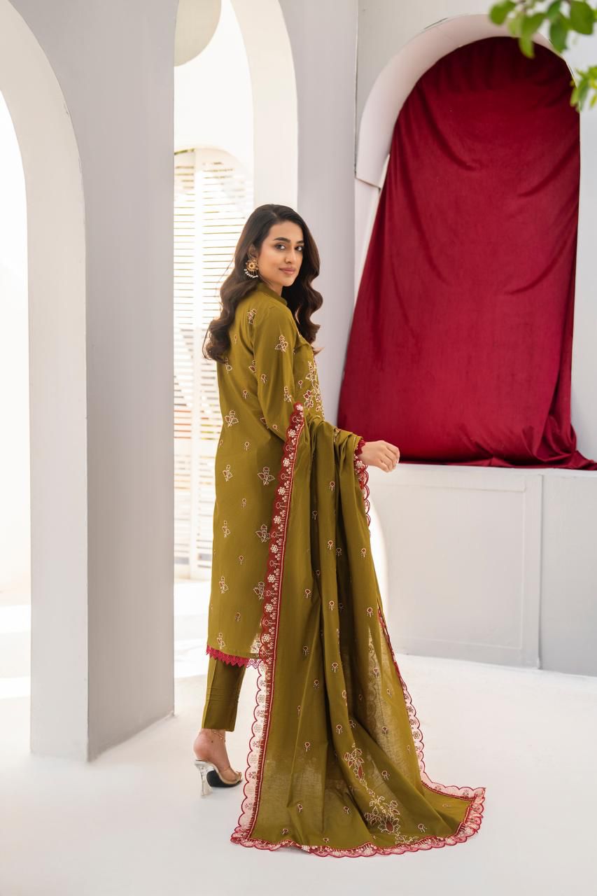 SUMMER-3PC LAWN EMBROIDERED SHIRT WITH LAWN EMBROIDERED READY TO WEAR DUPATTA-G01