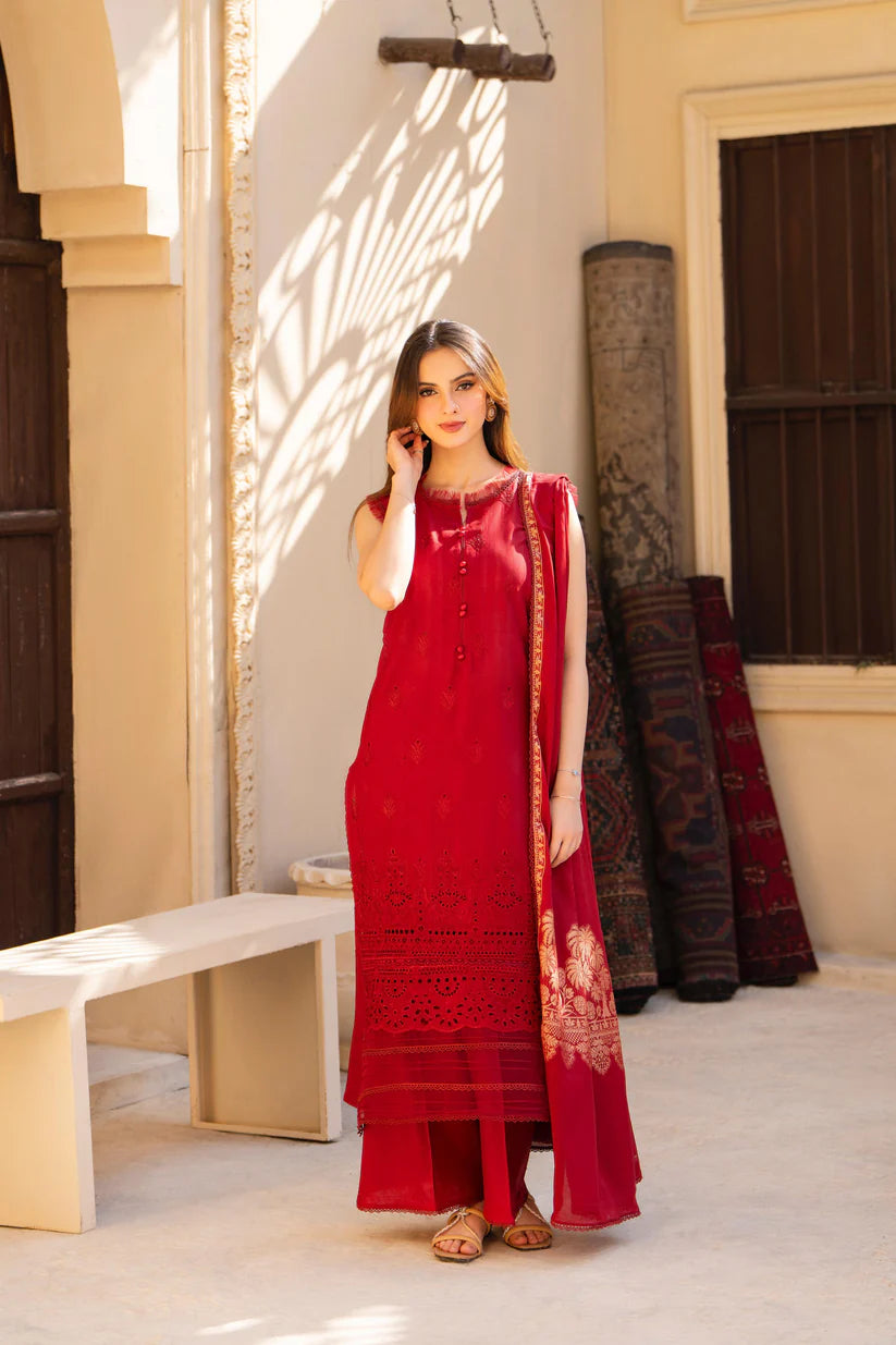 SUMMER-3PC LAWN CHIKENKARI EMBROIDERED SHIRT WITH LAWN JAQUARD PRINT DUPATTA-5400