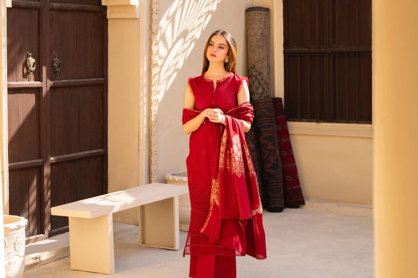 SUMMER-3PC LAWN CHIKENKARI EMBROIDERED SHIRT WITH LAWN JAQUARD PRINT DUPATTA-5400