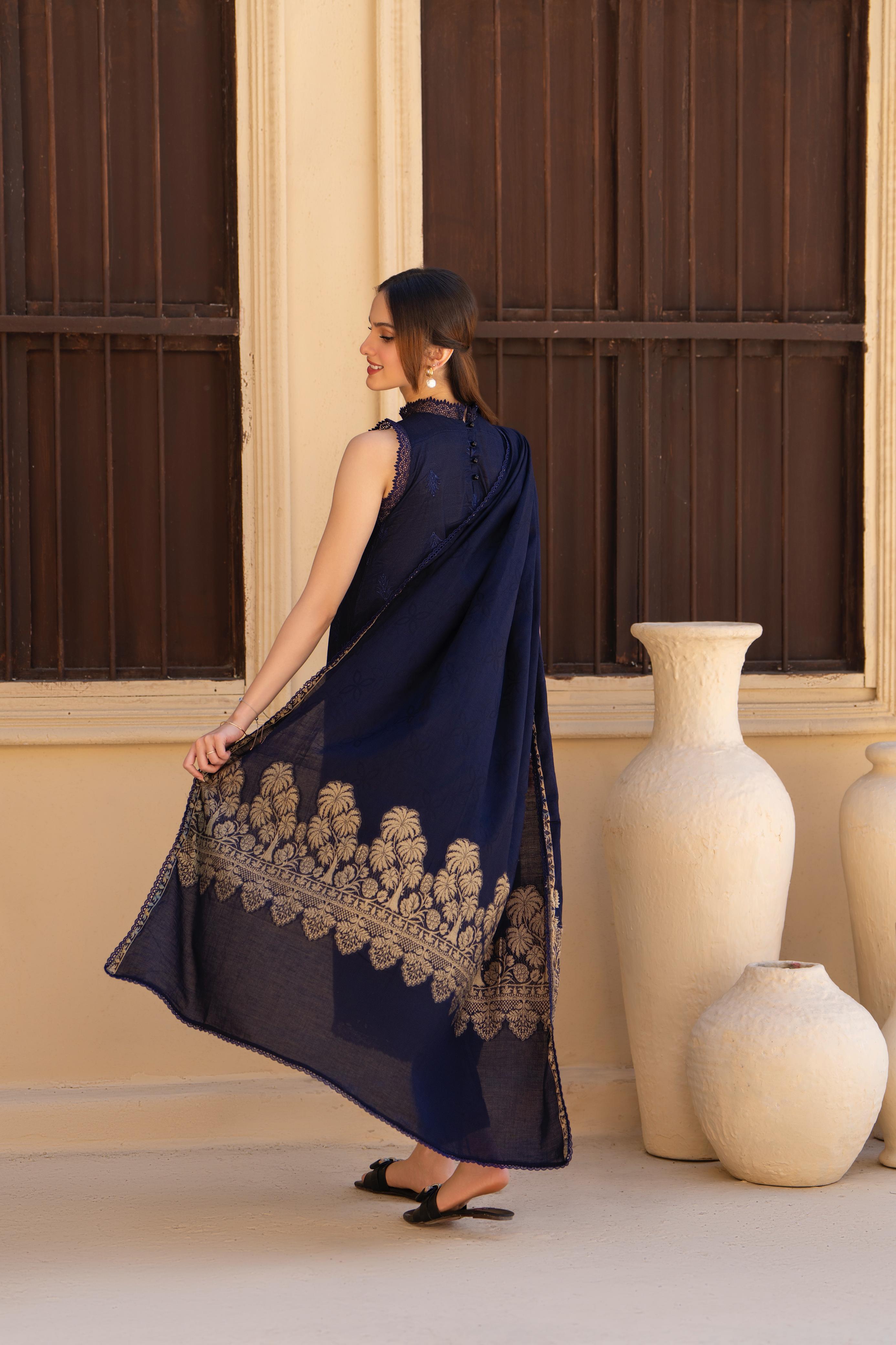 SUMMER-3PC LAWN CHIKENKARI EMBROIDERED SHIRT WITH LAWN JAQUARD PRINT DUPATTA -5300