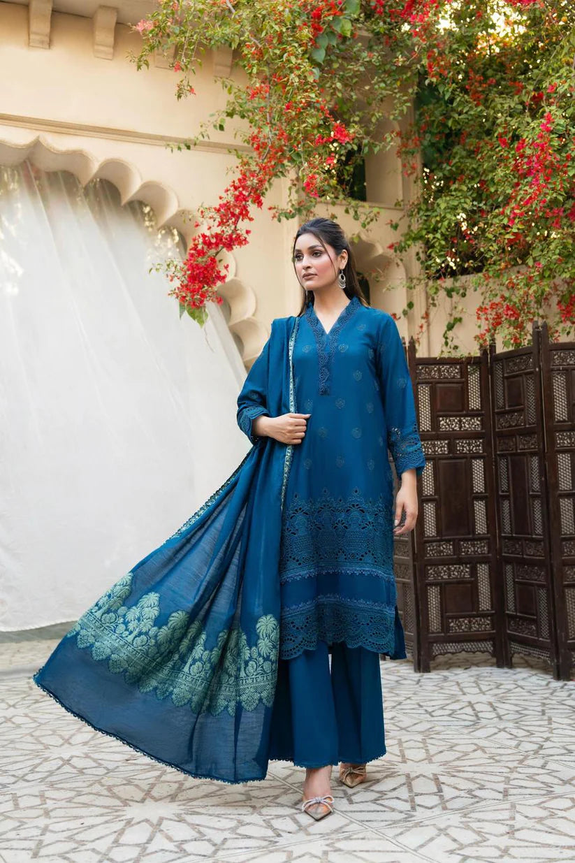 SUMMER-3PC LAWN CHIKENKARI EMBROIDERED SHIRT WITH LAWN JACQUARD PRINT DUPATTA-5600