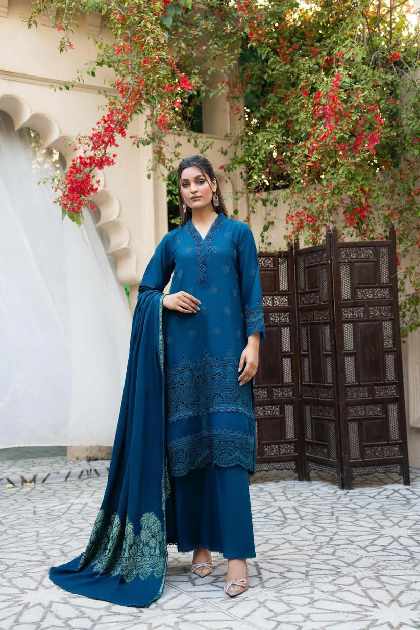 SUMMER-3PC LAWN CHIKENKARI EMBROIDERED SHIRT WITH LAWN JACQUARD PRINT DUPATTA-5600